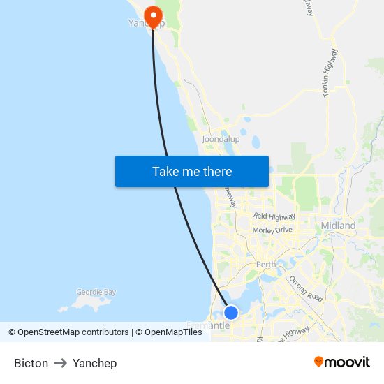 Bicton to Yanchep map