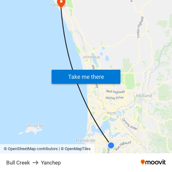 Bull Creek to Yanchep map