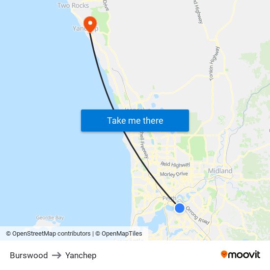 Burswood to Yanchep map