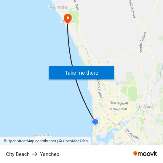 City Beach to Yanchep map