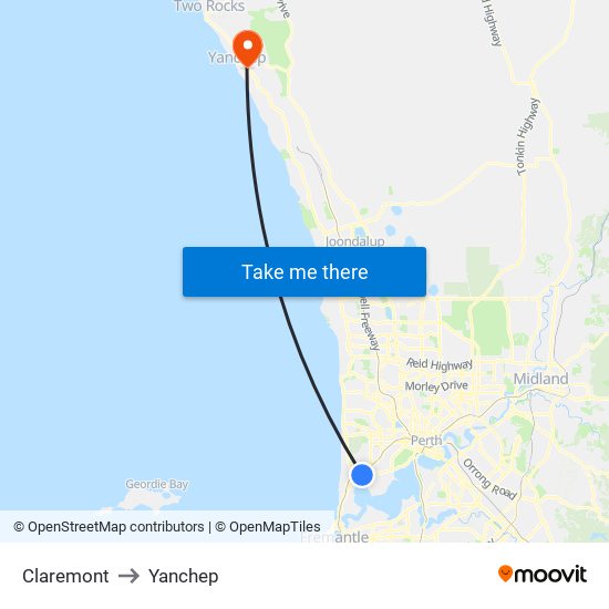 Claremont to Yanchep map