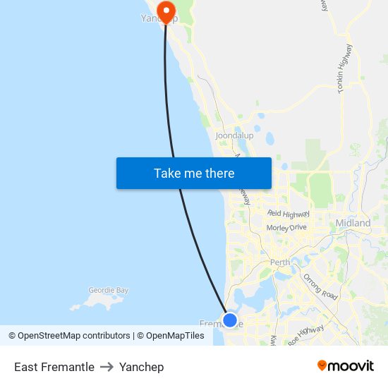 East Fremantle to Yanchep map