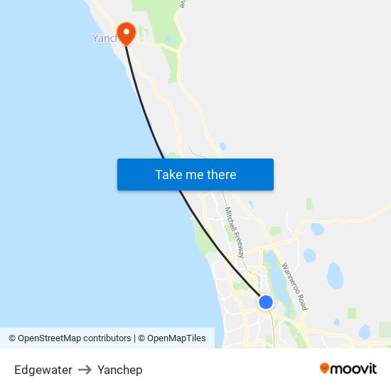 Edgewater to Yanchep map