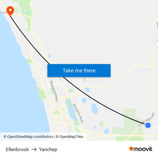 Ellenbrook to Yanchep map