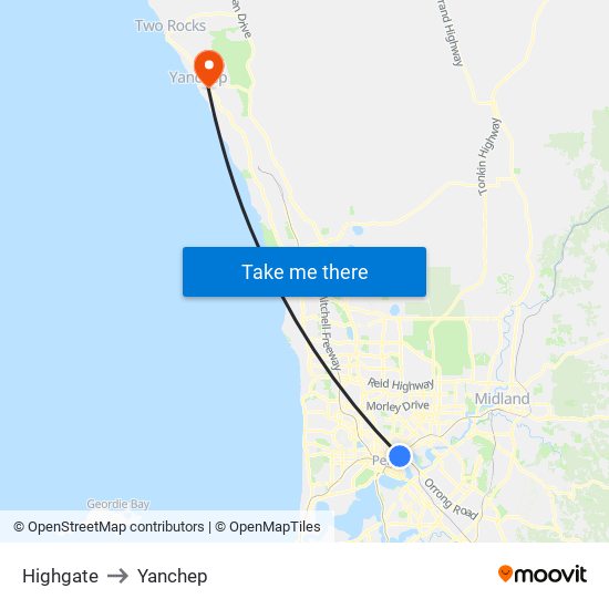 Highgate to Yanchep map