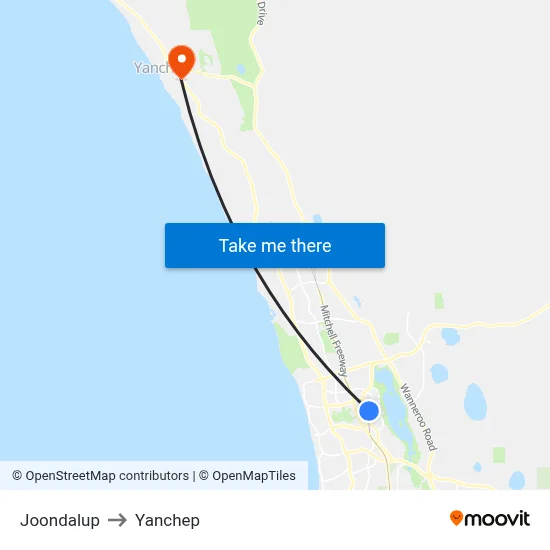 Joondalup to Yanchep map