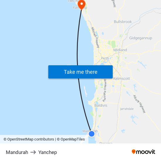 Mandurah to Yanchep map