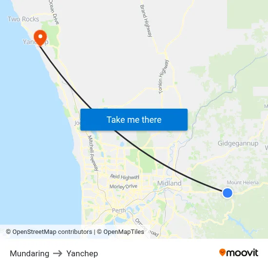 Mundaring to Yanchep map