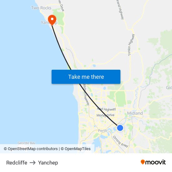 Redcliffe to Yanchep map