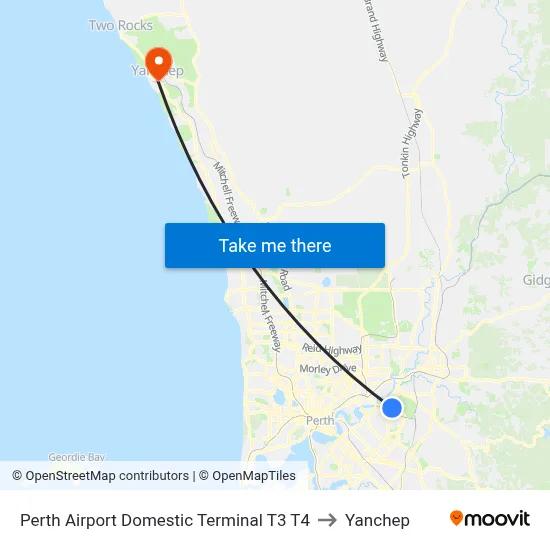 Perth Airport Domestic Terminal T3 T4 to Yanchep map