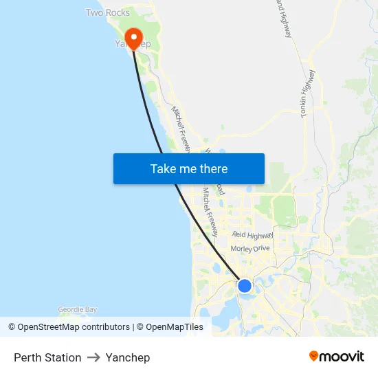 Perth Station to Yanchep map