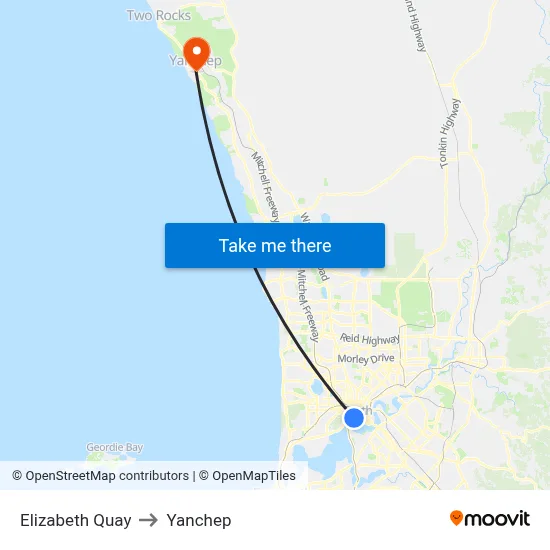 Elizabeth Quay to Yanchep map