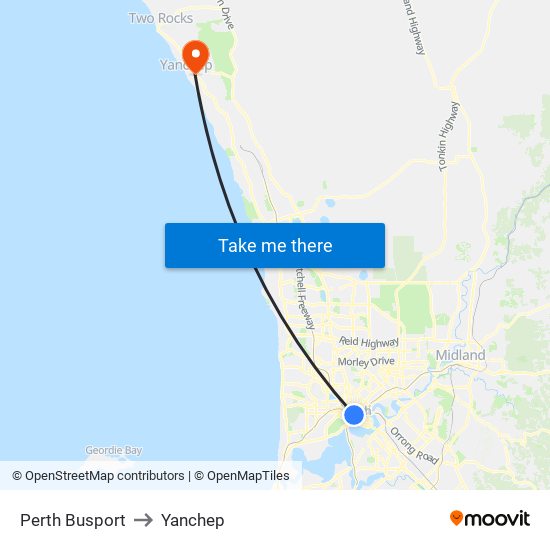 Perth Busport to Yanchep map