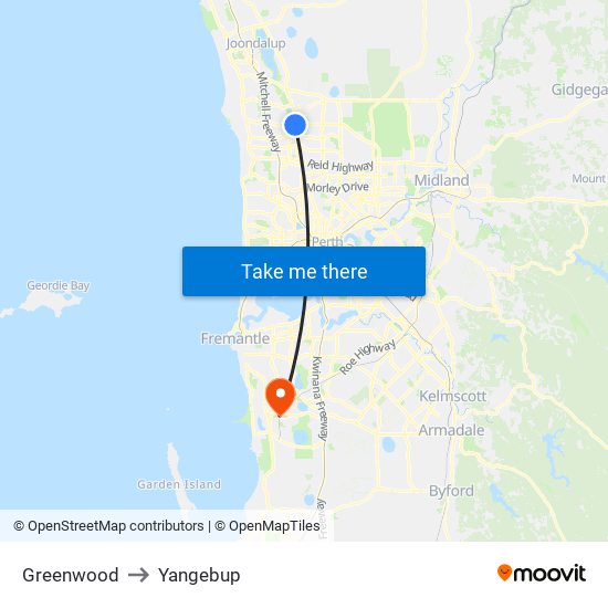 Greenwood to Yangebup map
