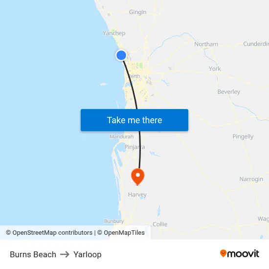 Burns Beach to Yarloop map