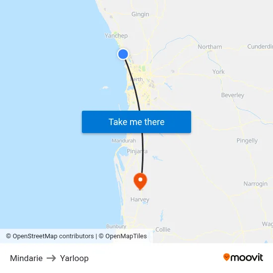 Mindarie to Yarloop map