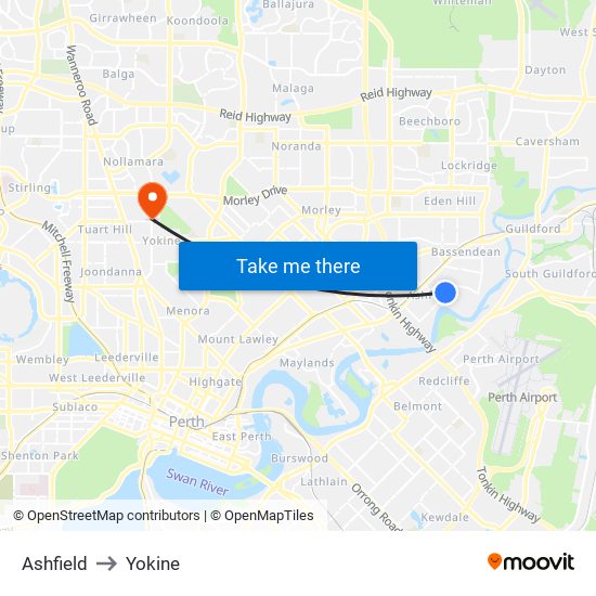 Ashfield to Yokine map