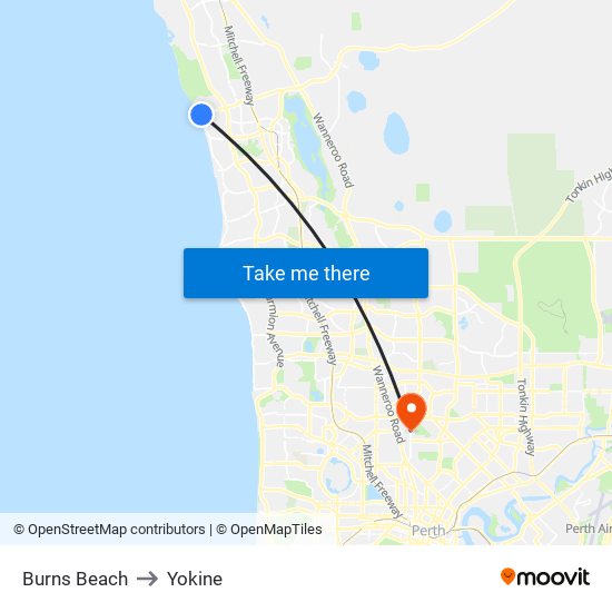 Burns Beach to Yokine map