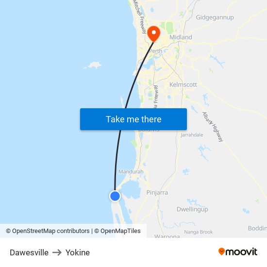 Dawesville to Yokine map