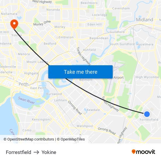 Forrestfield to Yokine map