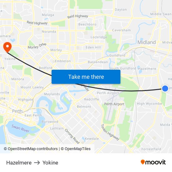 Hazelmere to Yokine map