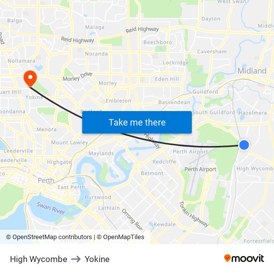 High Wycombe to Yokine map