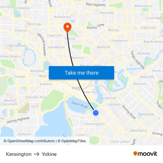 Kensington to Yokine map