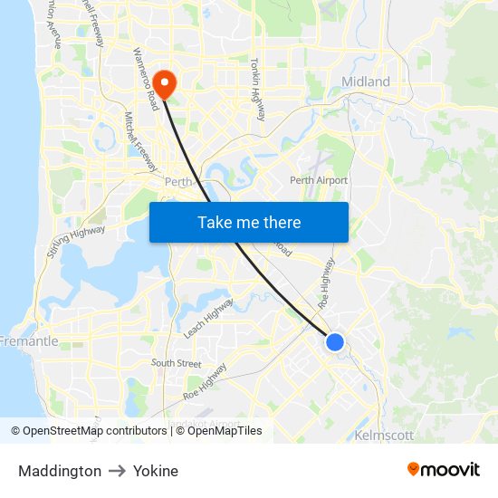 Maddington to Yokine map