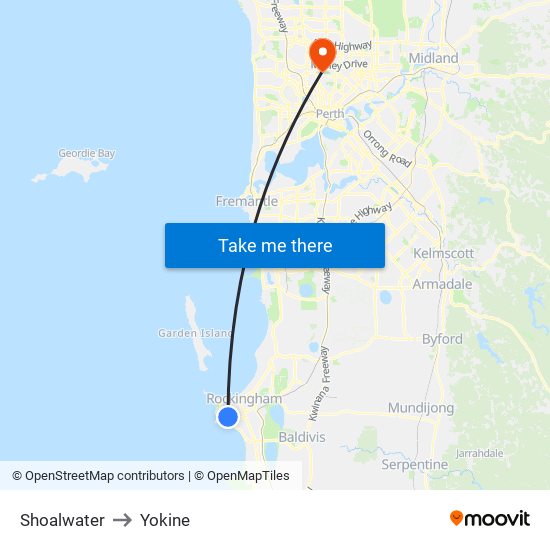 Shoalwater to Yokine map