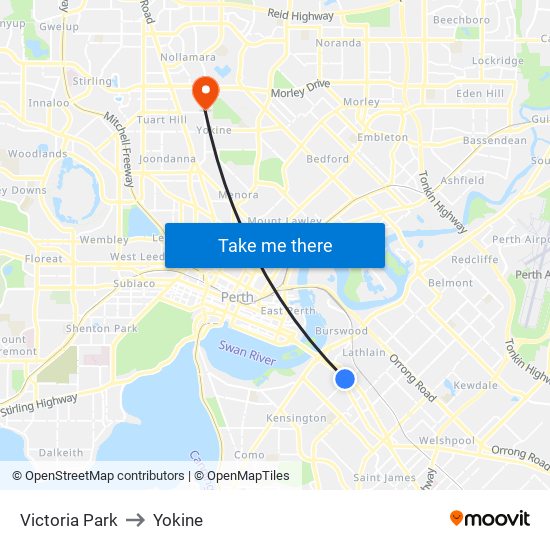 Victoria Park to Yokine map