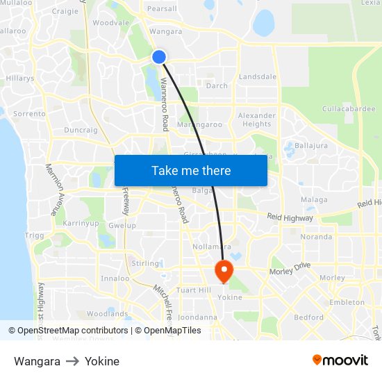 Wangara to Yokine map