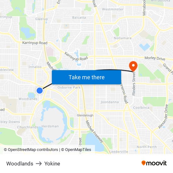 Woodlands to Yokine map
