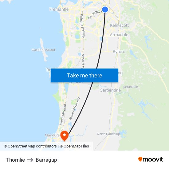 Thornlie to Barragup map
