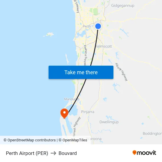 Perth Airport (PER) to Bouvard map