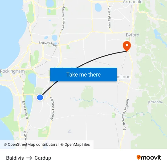 Baldivis to Cardup map