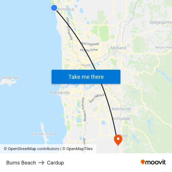 Burns Beach to Cardup map