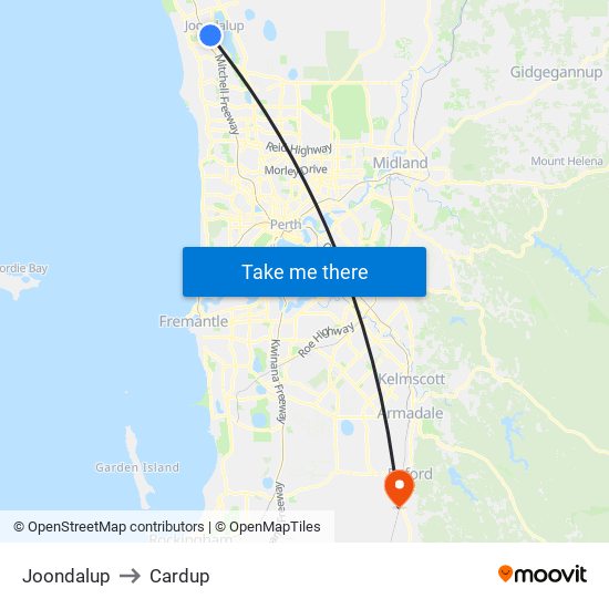 Joondalup to Cardup map