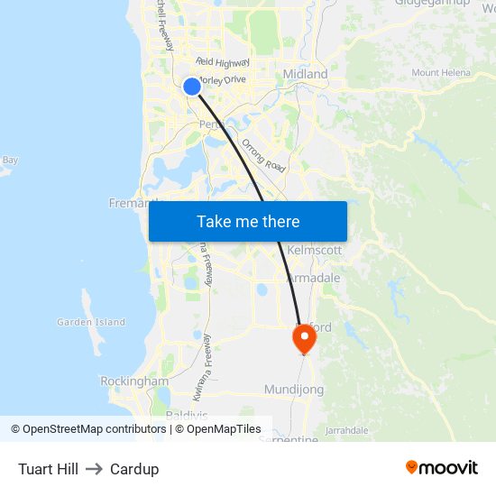 Tuart Hill to Cardup map