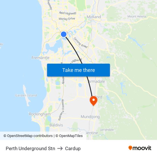 Perth Underground Stn to Cardup map