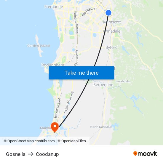 Gosnells to Coodanup map