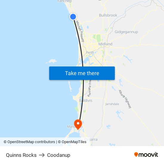 Quinns Rocks to Coodanup map