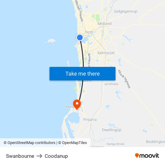 Swanbourne to Coodanup map