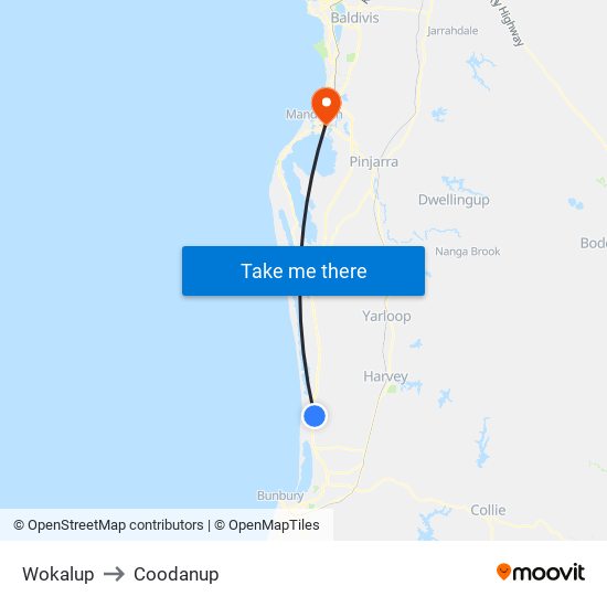 Wokalup to Coodanup map