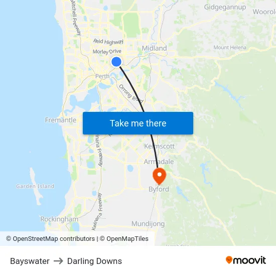 Bayswater to Darling Downs map