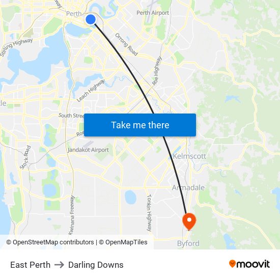 East Perth to Darling Downs map