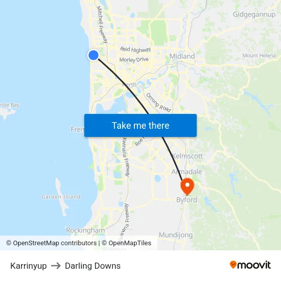 Karrinyup to Darling Downs map