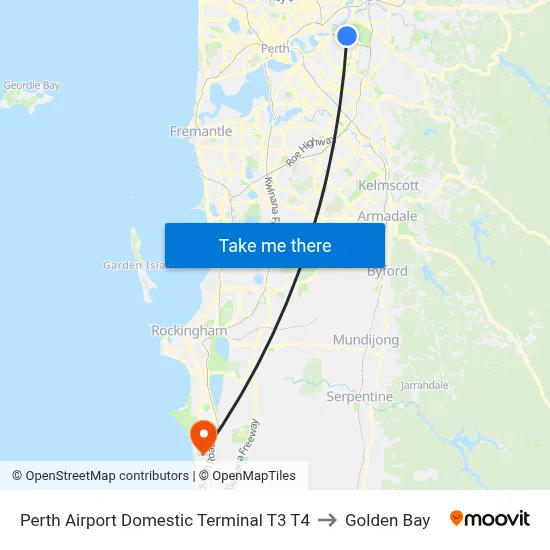 Perth Airport Domestic Terminal T3 T4 to Golden Bay map
