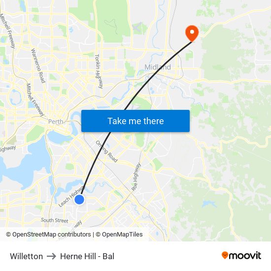 Willetton to Herne Hill - Bal map