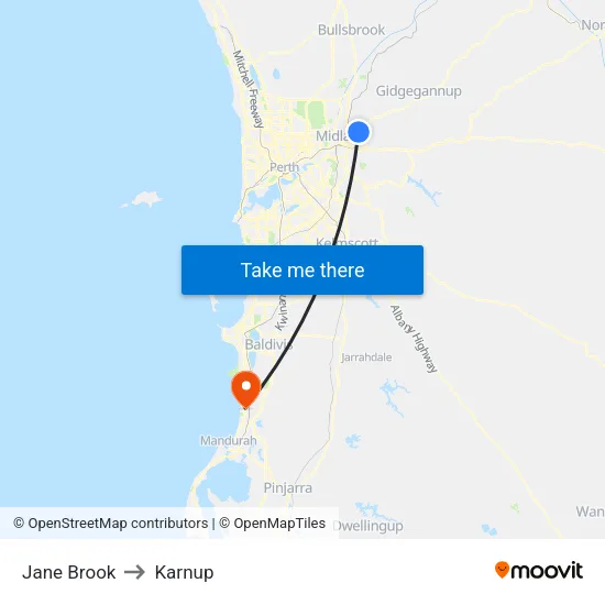 Jane Brook to Karnup map