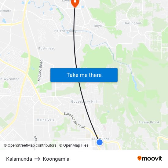 Kalamunda to Koongamia map